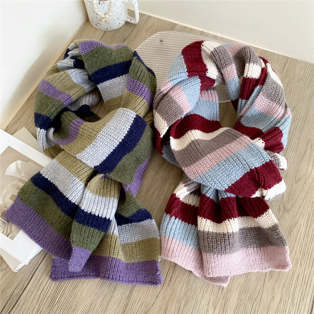 Girls Striped Double-sided Knitted Scarf Women's Autumn Winter Thickening Warm Neckerchief Student Muffler Couple Woolen Muffle