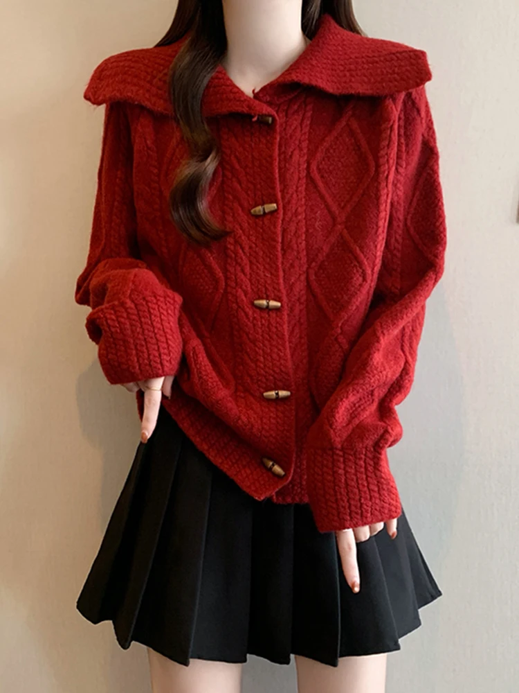 

Женский длинный вязаный свитер с воротником, зимняя новинка, приталенный, на пуговицах, повседневный, свободного кроя, цветной