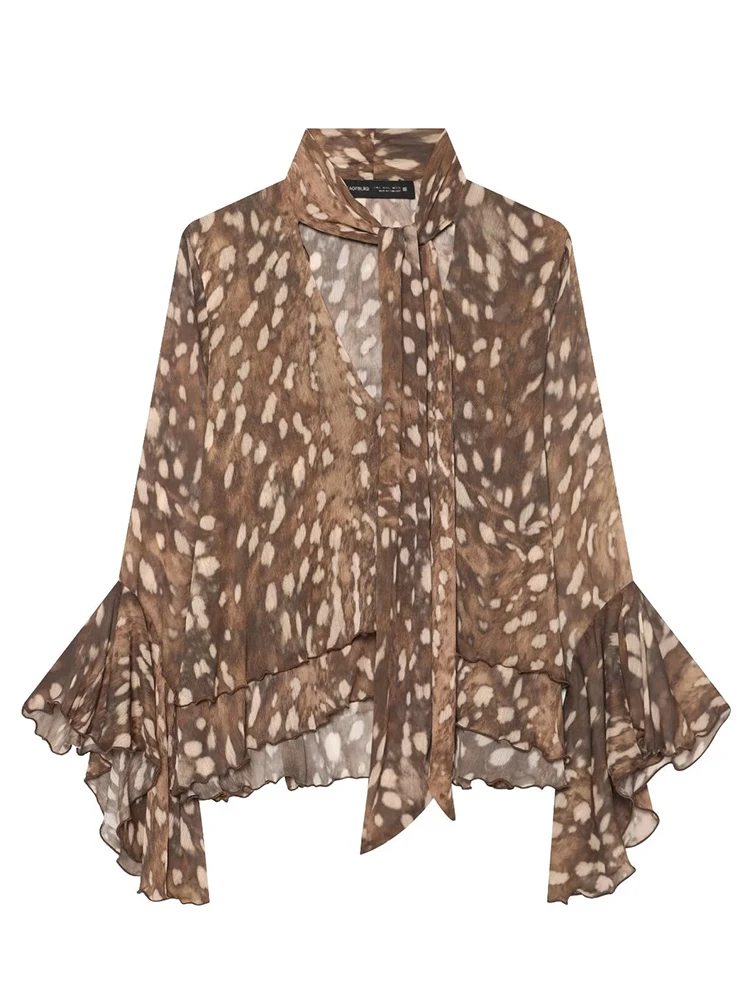HH Vintage Deer Print Shirt Autumn 2026 Brown Animal Pattern Blouse Flared Sleeves Ruffled Hem Elegant Feminine Date Office Wear