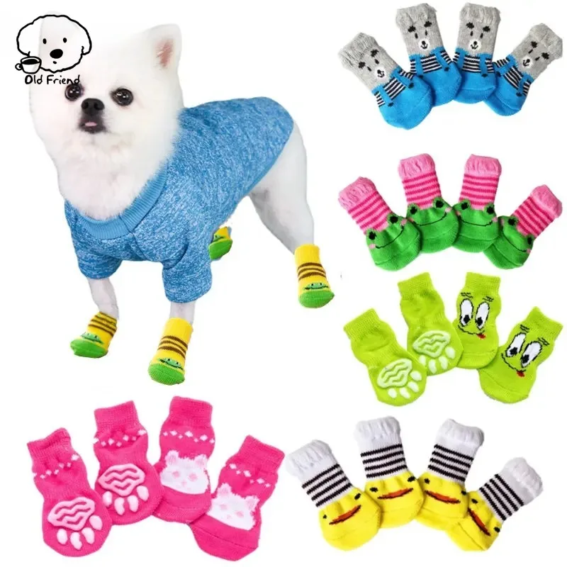 4 Pcs/set of Cute Pet Dog Socks with Printed Non-slip Cat and Puppy Shoes To Protect PAWS and Prevent Dirt Warm Pet Socks