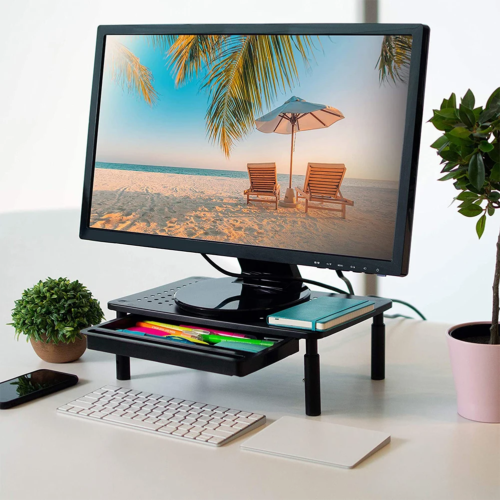 Penyangga Monitor dengan Laci, Penyangga Komputer Logam, Penyangga Monitor Komputer dengan 3 Tingkat Ketinggian yang Dapat Disesuaikan untuk Desktop Rumah
