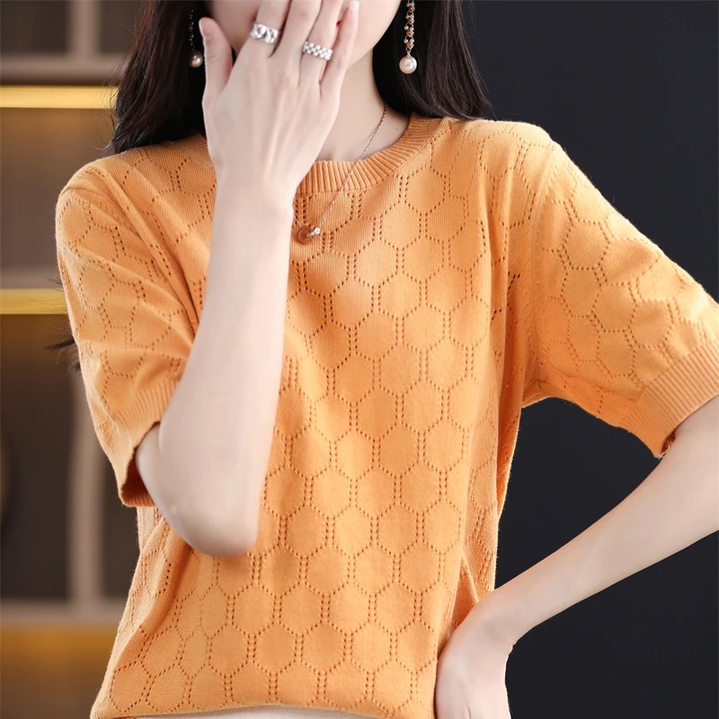 

2023 Spring/Summer New Short sleeved Women's Round Neck Hollow out Cotton Pullover Tank Top T-shirt Knitted Basic Sweater