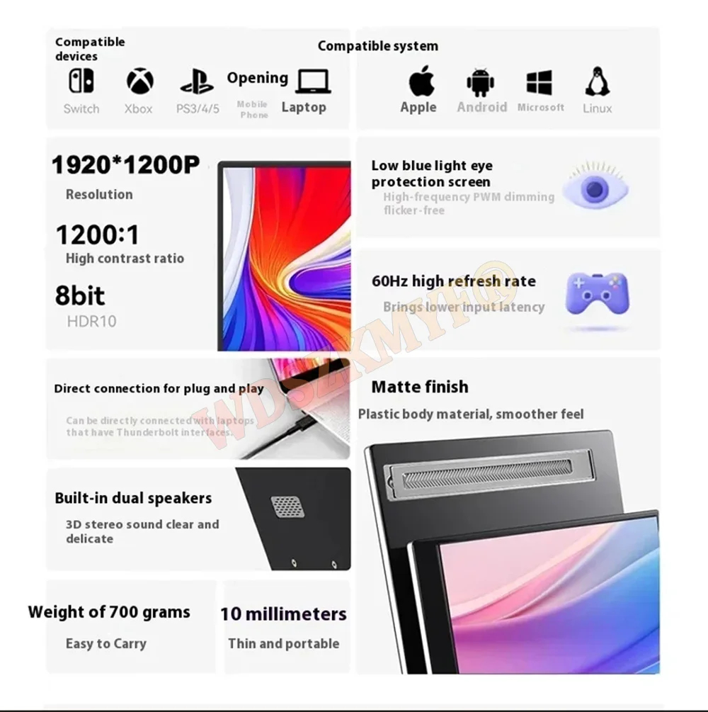 13.3 "Monitor de toque portátil Painel IPS USB-C 1200P FHD 60Hz compatível com display de viagem para PC laptop Xbox Switch