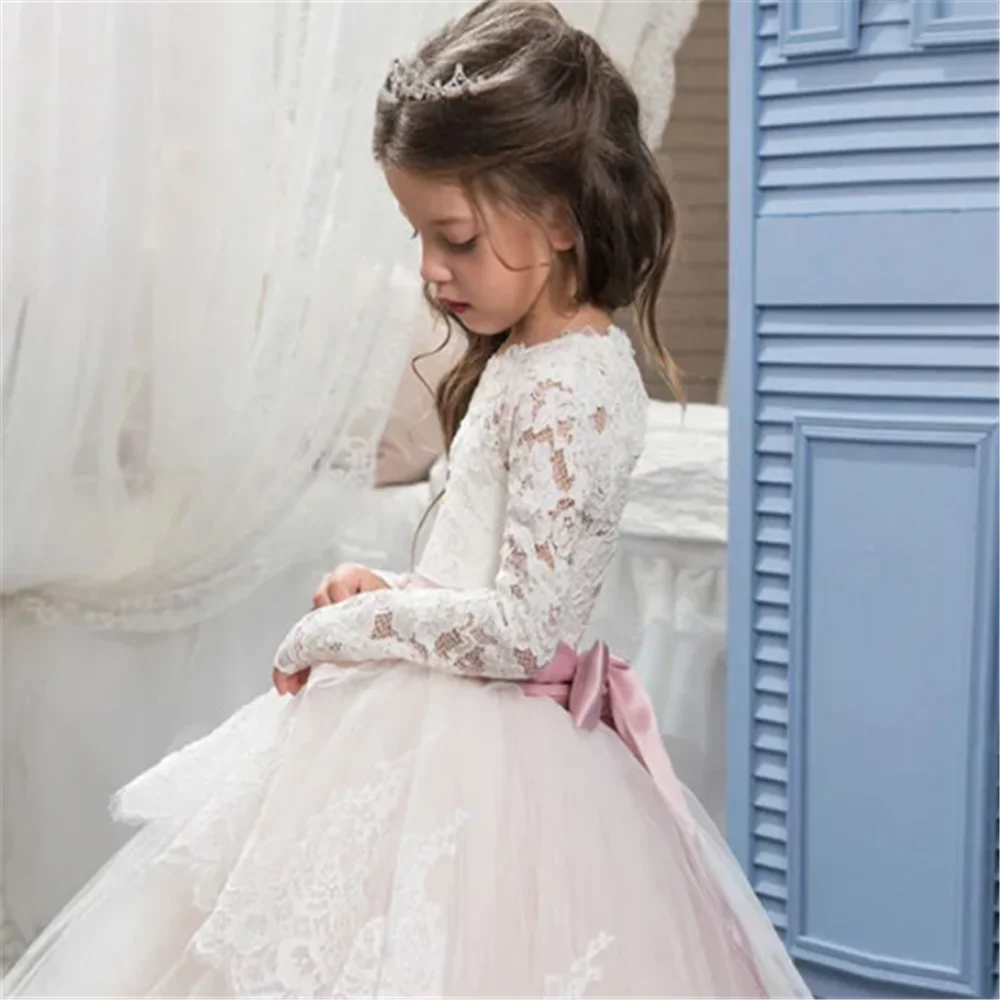 Kids Evening Birthday Party Princess Ball Gown First Communion Lace Flower Girl Dress For Wedding Long Sleeve Junior Bridesmaid