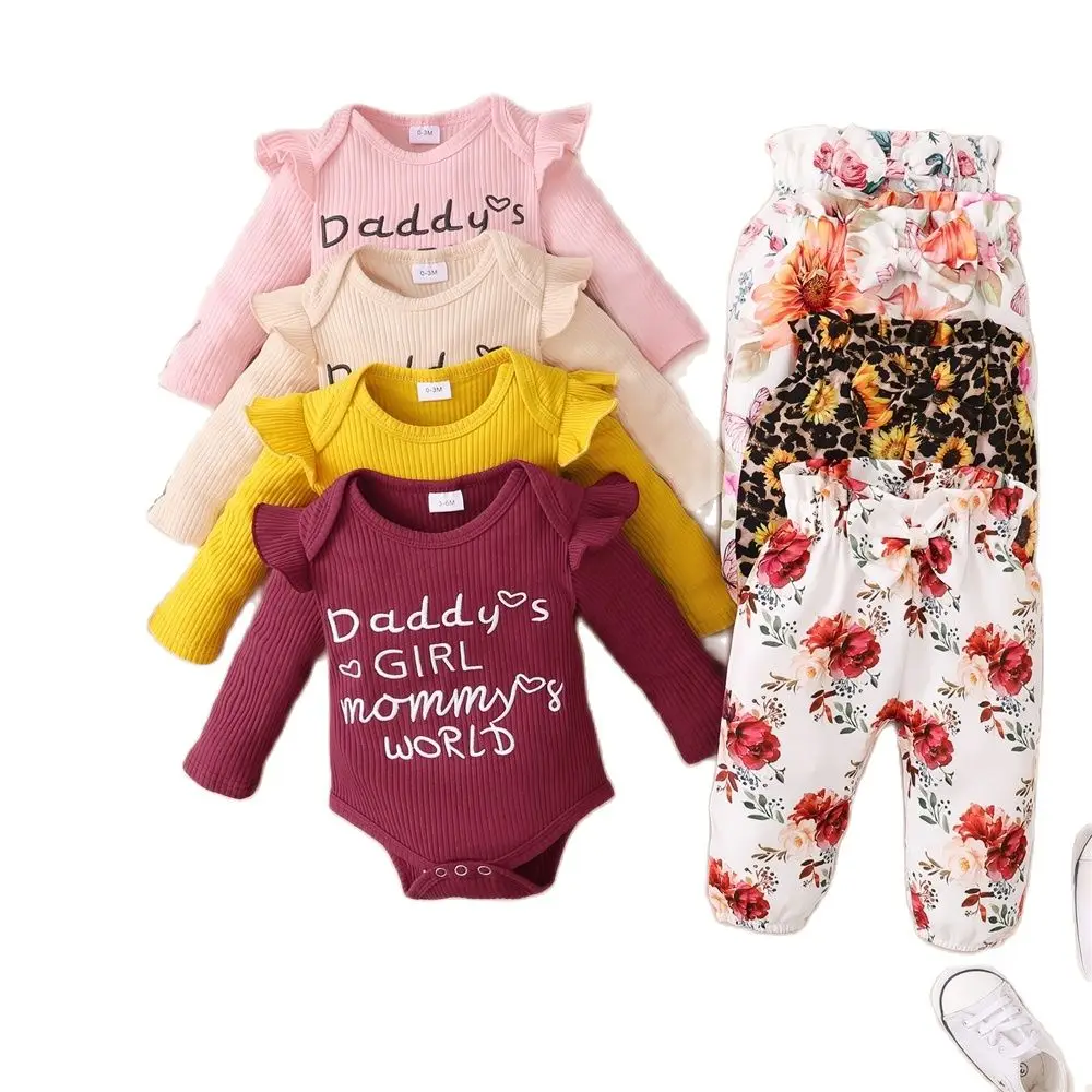 

Newborn Baby Girl 3PCS Clothing Set Daddy's Girl Mommy's World Long Sleeve Romper + Flowers Pant with Headband Cotton Outfit