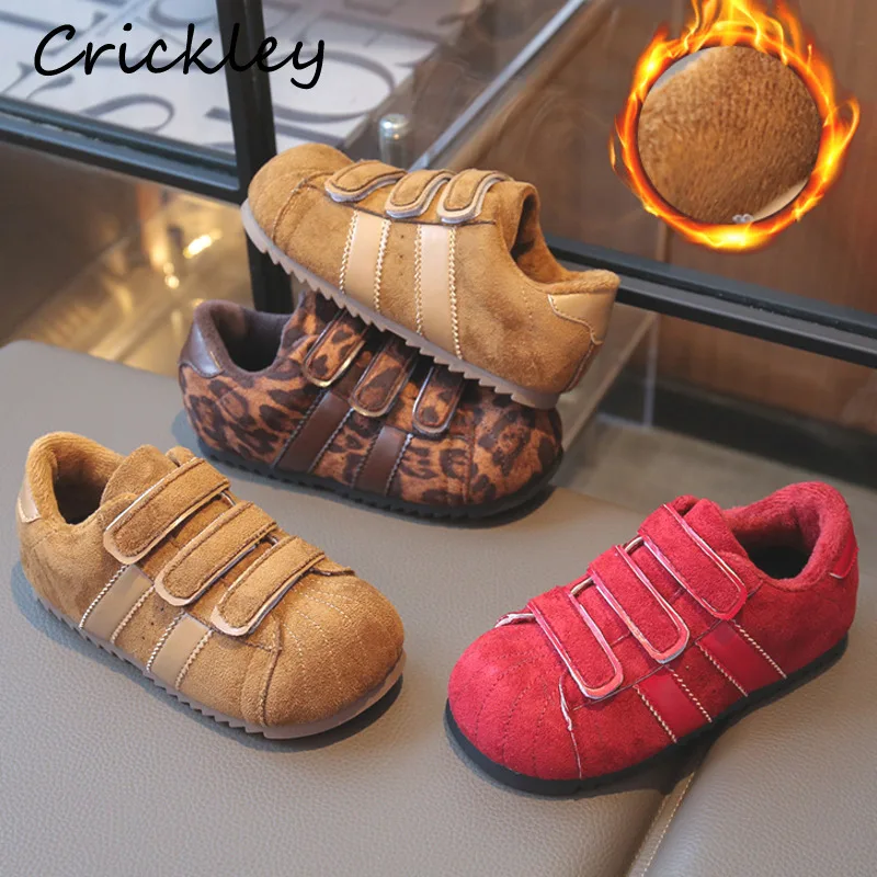 

Осень-зима, однотонная детская повседневная обувь с леопардовым принтом, короткие плюшевые теплые детские кроссовки из искусственной кожи с петлей на крючках, мягкая спортивная обувь для мальчиков и девочек