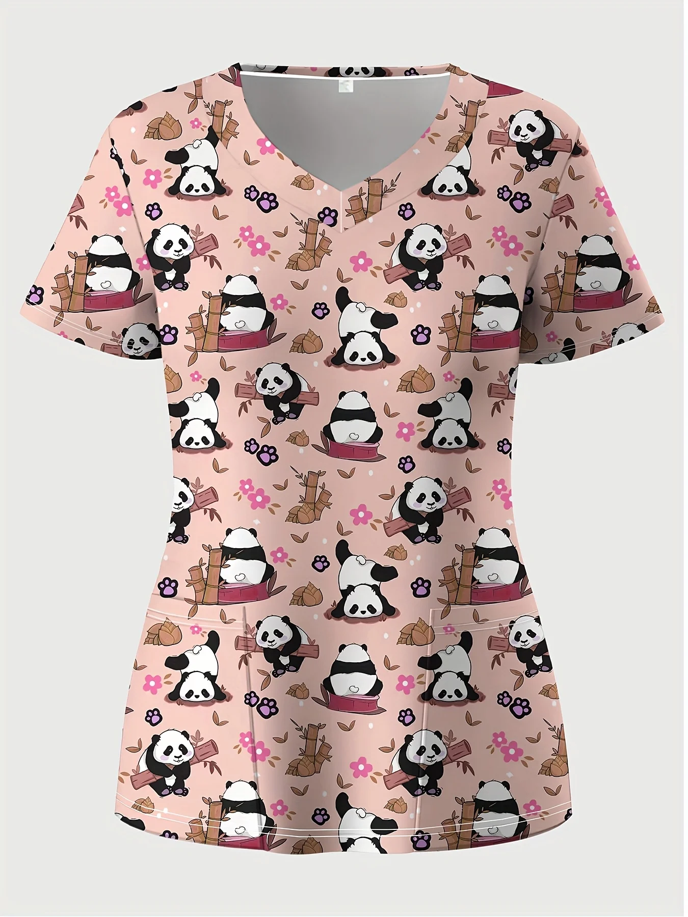 Rekbare damestop met V-hals en korte mouwen, schattige 3D-panda en bloemenprint, dubbele zakken - Comfortabel casual en gezondheidszorg