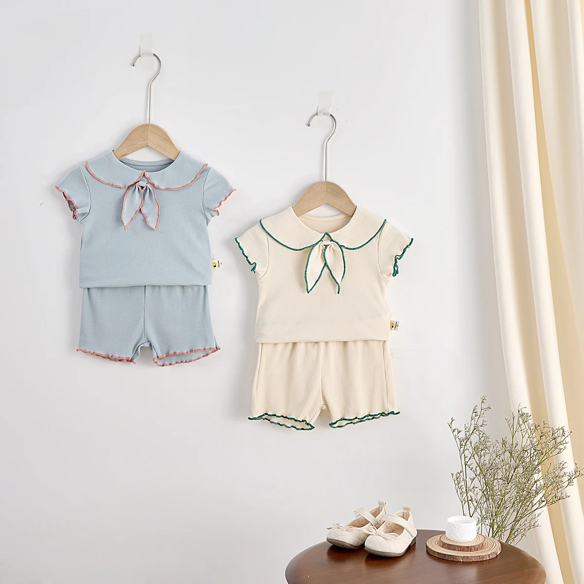 بلوزة صيفية للأطفال البنات مكونة من قطعتين برقبة على شكل دمية وأكمام قصيرة + شورت بدلة غير رسمية #3