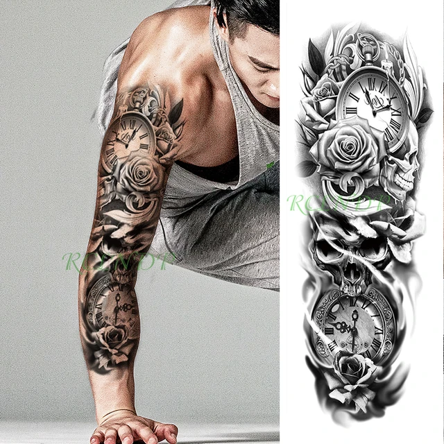 Tatuaje Temporal Adhesivo Impermeable Roma Reloj De Bolsillo Calavera Rosa Flor Brazo Completo Tatuaje Falso Tatuaje Flash Para Hombres Y Mujeres Tatuajes Temporales AliExpress