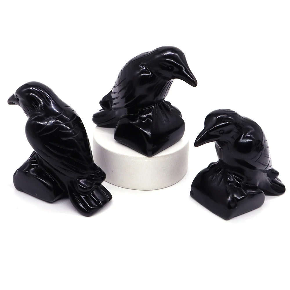 Halloween Gothic Crow Statue Natural Stone Black Obsidian Animals Room Ornaments Healing Crystal Owl Figurines Home Decoration