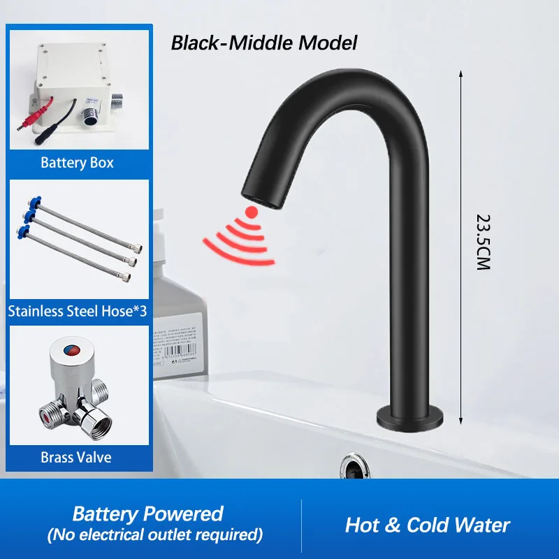 Zwarte automatische aanraakvrije infraroodsensor badkamerkraan. Touchless tapware. Koud warm water mixer kraan. Badkamer gootsteen kraan