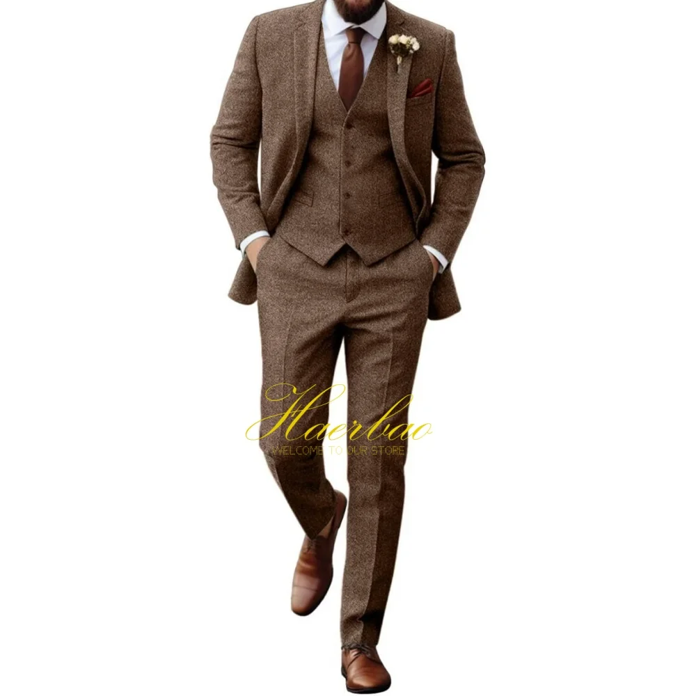

Retro Tweed Herringbone Suit for Men Slim Fit 3 Pieces Mens Suit Groom Dress Tuxedos Prom Suit Jacket Vest Pants