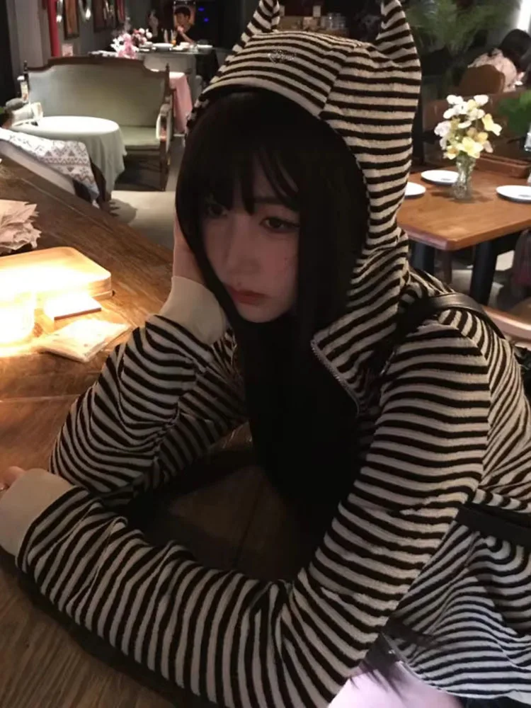 Vintage Sexy Stripe Loose Harajuku Devil's Cape Hooded Hoodies Women Diamond Hoody Y2k Aesthetic Grunge Zipper Sweatshirt Tops