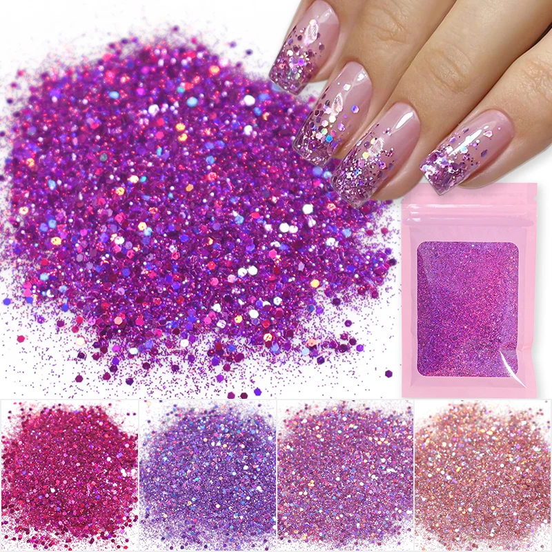 Poudre pailletée pour vernis à ongles, 1 oz/sac, Laser, argent, or, paillettes mixtes scintillantes, poussière Extra Fine, Gel, décoration de manucure