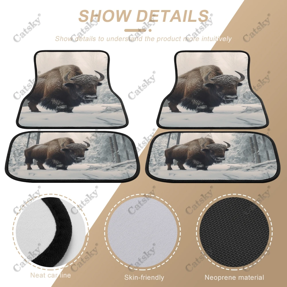 Dense Bison Snow Forest Car Auto Floor Mats Carpet, 4PCS Customized Cars Mat All Weather Automotive Vehicle Pad Stylish