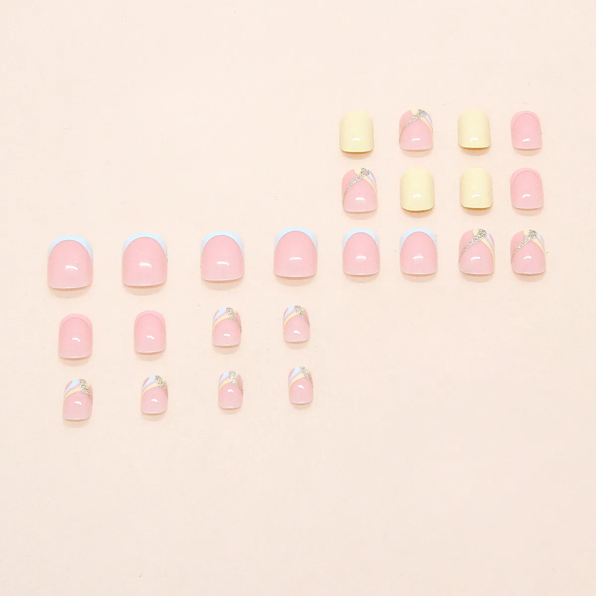 

24pcs Pastel French Press-On Nails - Yellow Pink & Blue Diagonal Tips Short Round Shape (Multi Sizes) Coverage Nail Art Kit
