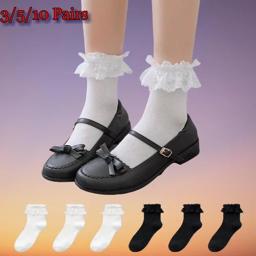 Kaus kaki renda bergaya Jepang wanita, kaus kaki seragam JK lengan setengah musim panas 3/5/10 pasang, kaus kaki renda warna polos modis Lolita