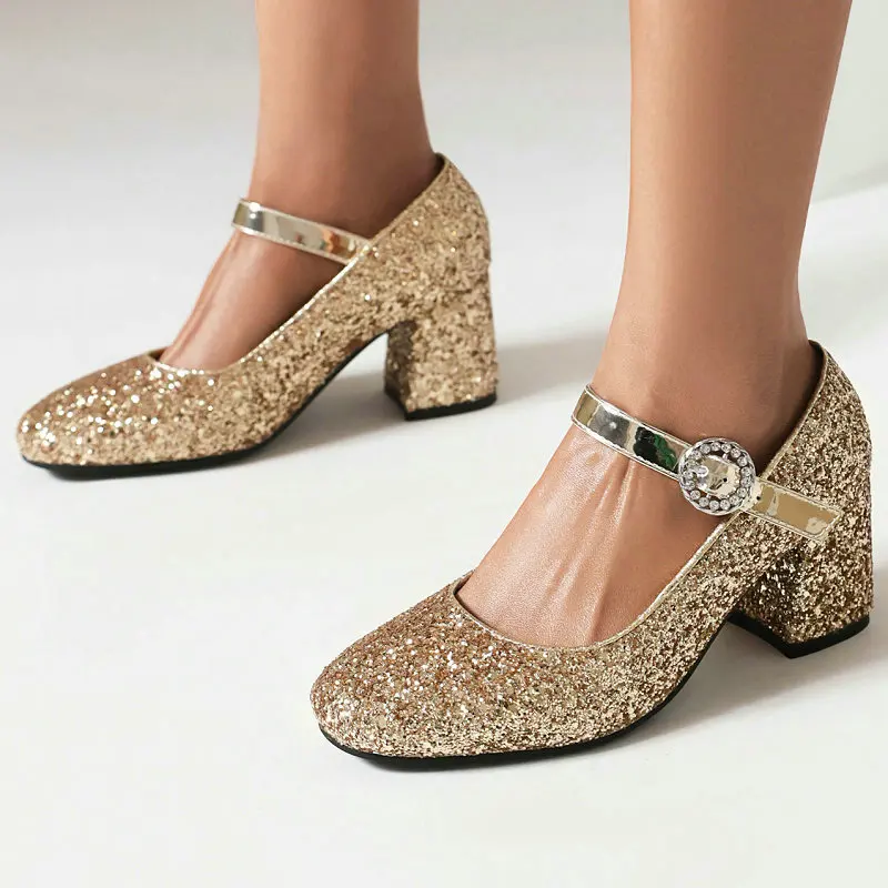 

Sequined Gold Silver Bling Glitter Lady Party Wedding High Heels Closed Toe Buckle Strap Mary Janes Pumps Size 34-48 Heels Shoes