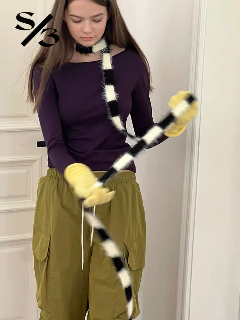 Japanese Black White Stripe Long Scarf Korean Y2k Cute Kawaii Plush Knitted Scarves Women Girl Winter Warm Scarf Streetwear