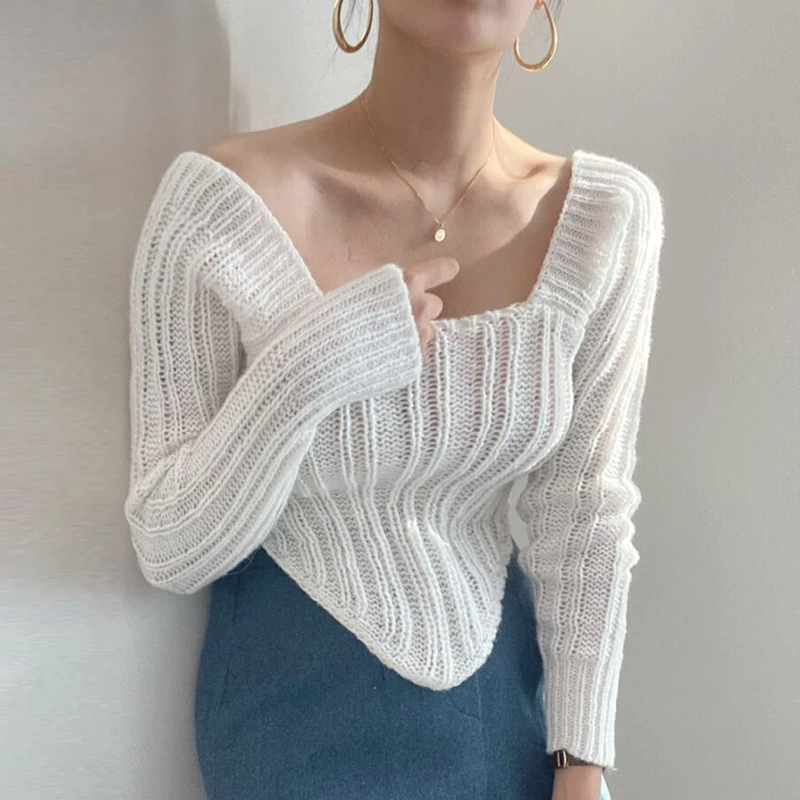 

Chic Autumn Korean Sle Women's Knitted Base Layer Square Neline Clavicle Slimming Irregular Fit Sweater