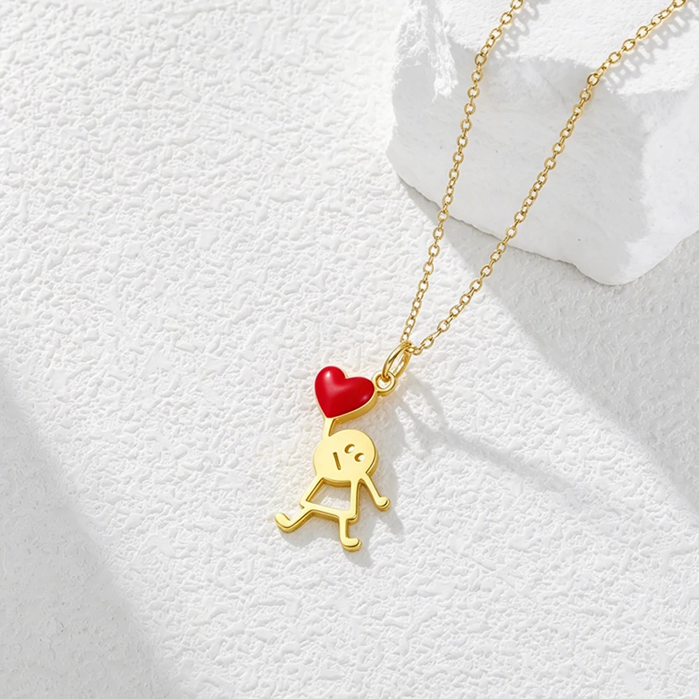 HIPEE Cute Stick Figure Holding Heart Necklace Dainty Love Pendant Necklace Gift For Women Girls