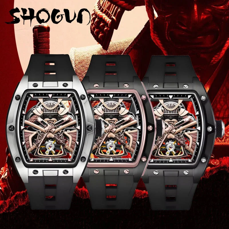 

SHOGUN watch Japanese Samurai Mechanical Watch Tourbillon Automatic Wristwatch Steel Case Hollow Tonneau Dial Good Quality Watch