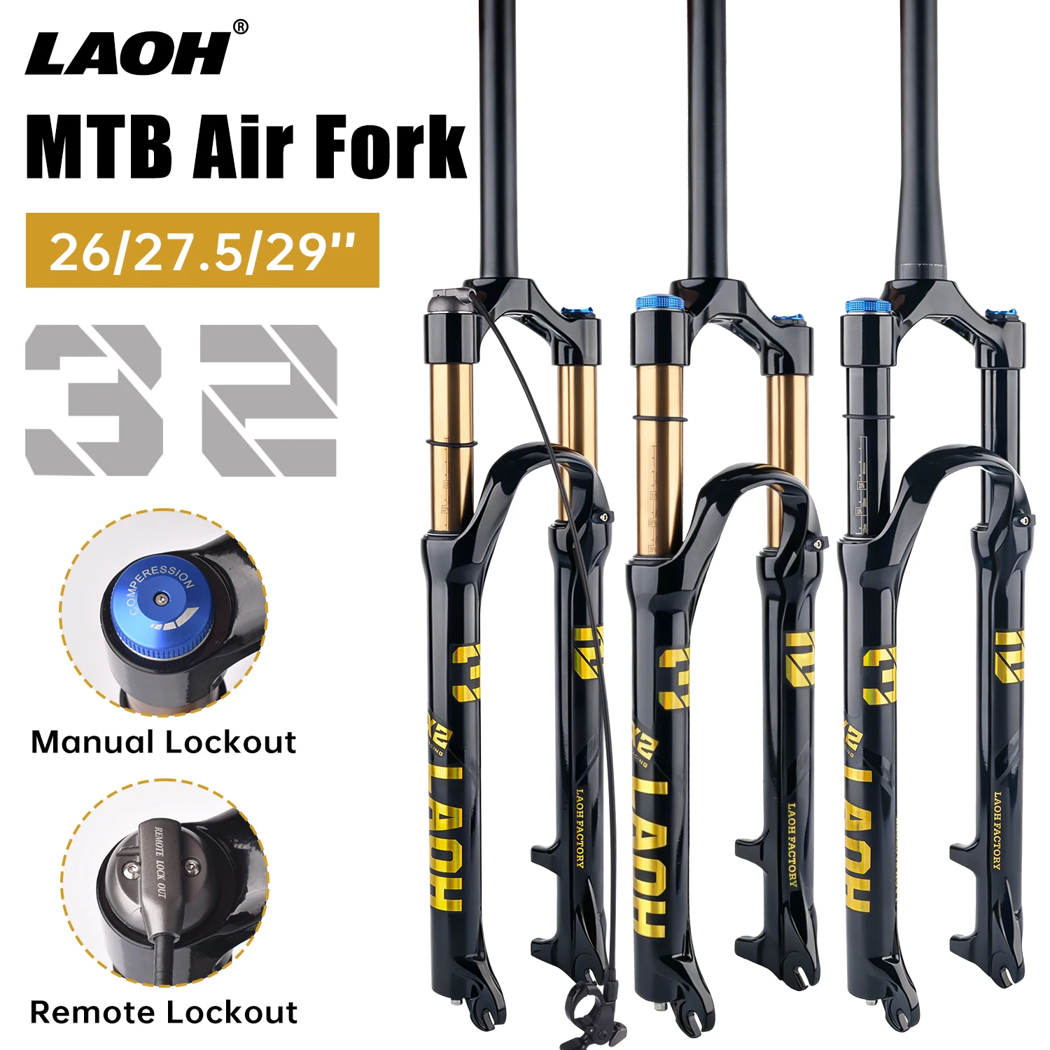 

LAOH MTB Air Suspension Fork 26/27.5/29 Inch 32mm Stanchion Manual Remote Lockout Adjustable Compression MTB Front Fork