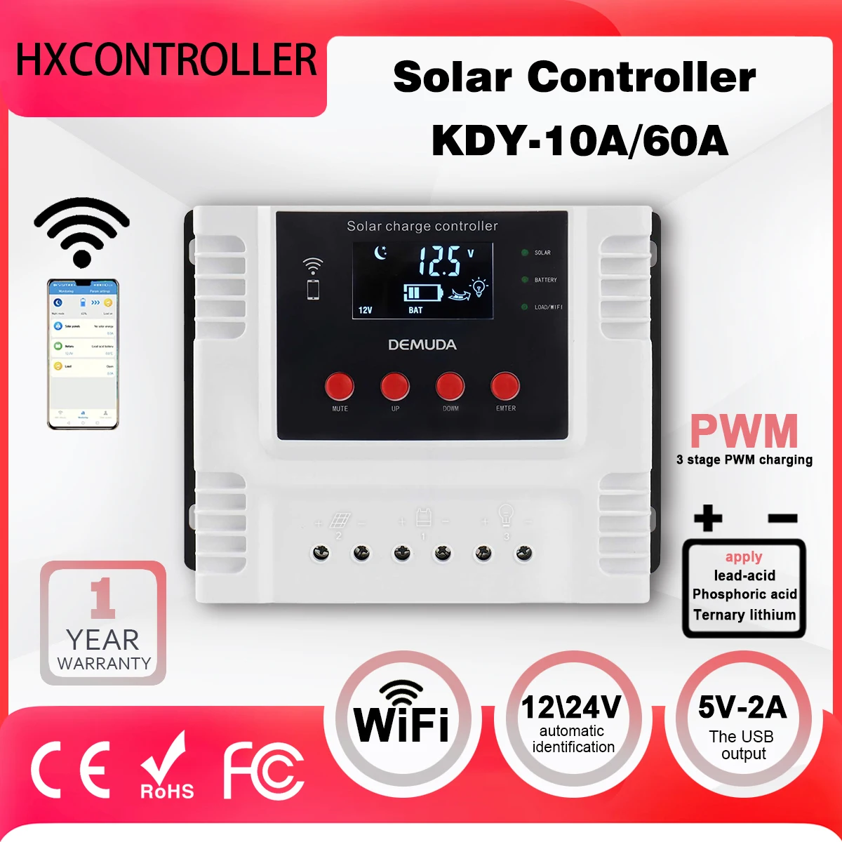 Solar Charge Controller 20A 30A 40A 60A WIFI App Real-time Data Monitoring LED Display Intelligent 12V/24V/48V Solar Controller