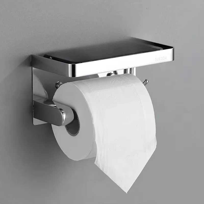 Stainless Steel Modern Wall Mount Bathroom Toilet Tissue Paper Roll Holder with Mobile Phone Shelf