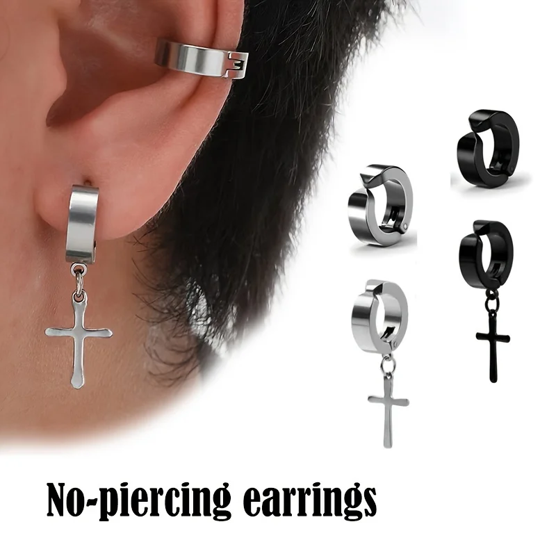 1 Pairs Stainless Steel Clip on Non-Piercing Cross Huggie Hoop Earrings Set for Men Fake Drop Dangle Hinged Earrings with Cross