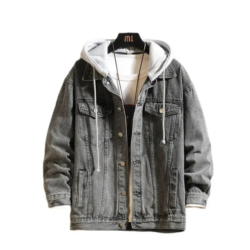 Plus Size Mens Denim Jacket Hooded Casual Loose Fit Jean Coat Streetwear Couple Outfit Fashion Autumn Spring Outerwear