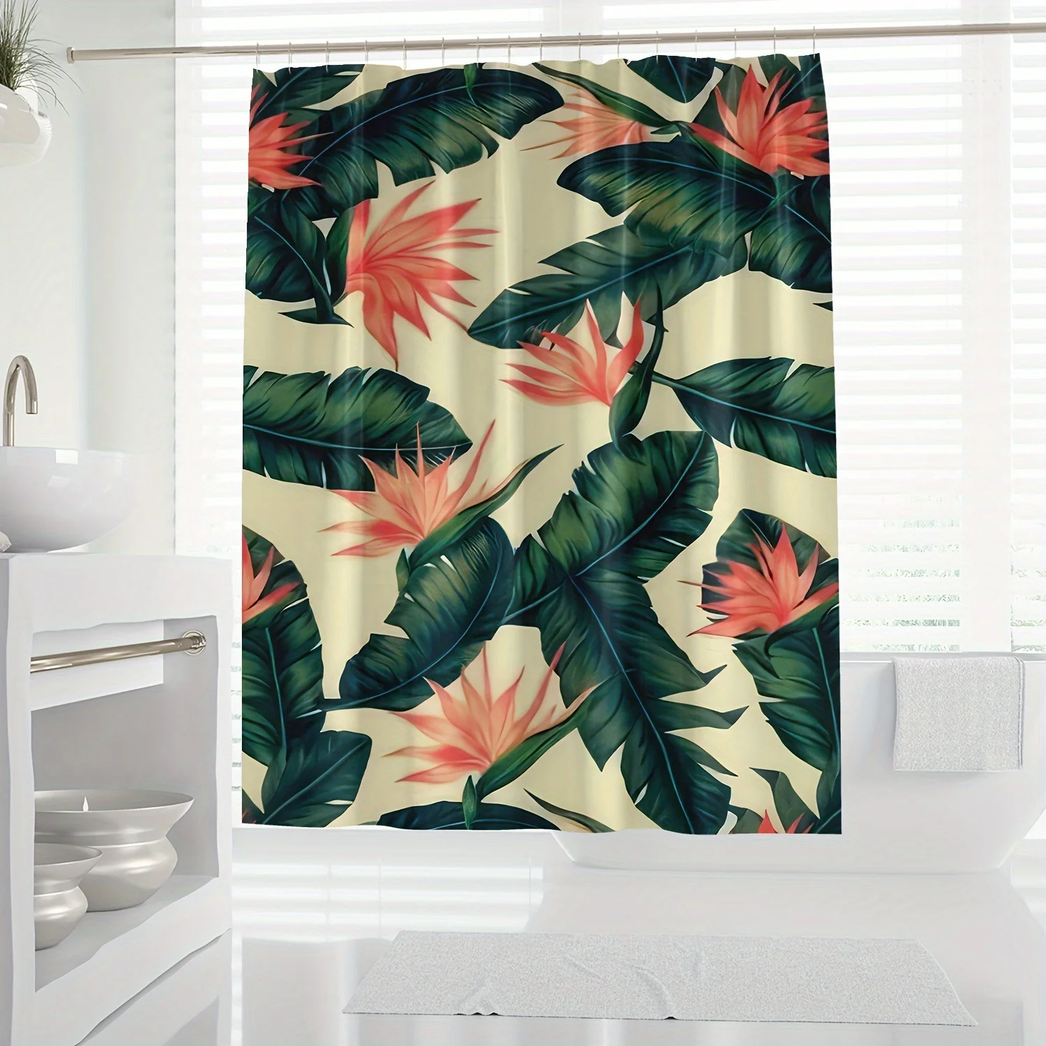 

1 шт. занавеска для душа с принтом тропических листьев, водонепроницаемая занавеска для душа с крючками, перегородка для ванной комнаты, аксессуары для ванной комнаты,