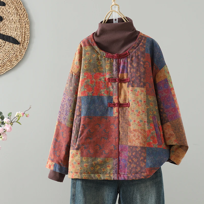 Casual Cotton Jacket Women's plus Size Printed Retro Buttoned Half High Collar Fake Two-Piece Set Outerwear Korean Style