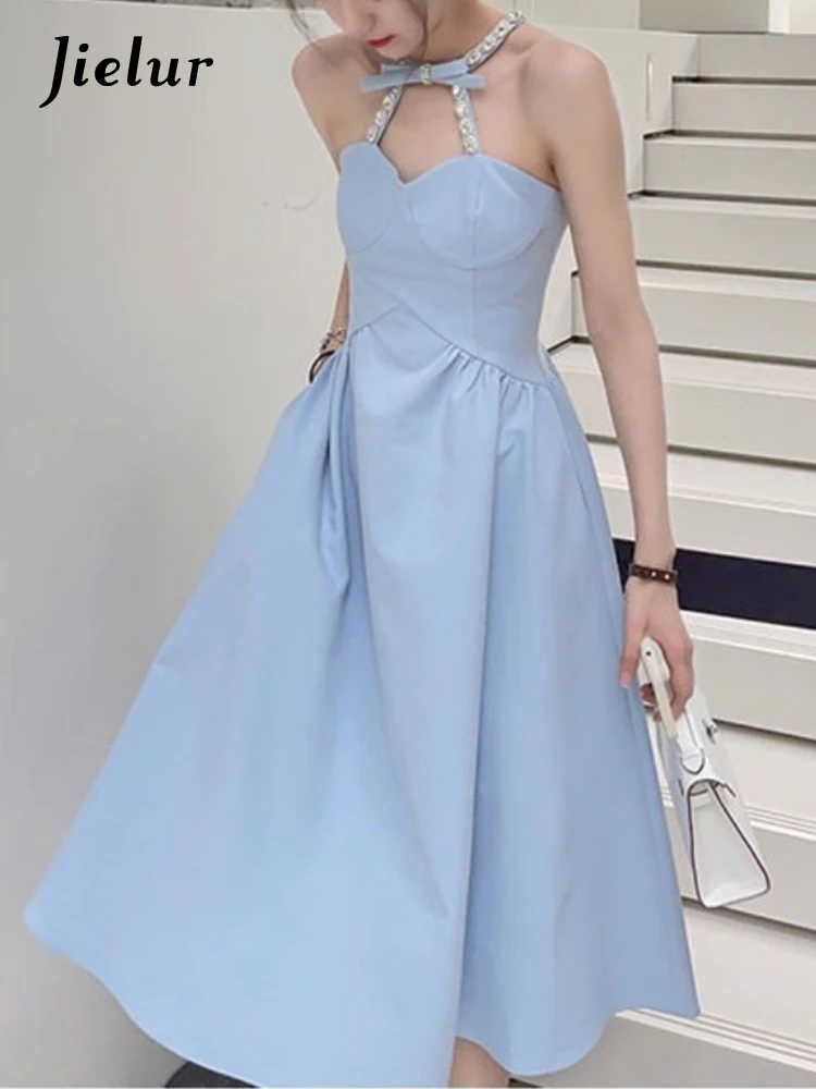 

Jielue Sexy Birthday Halter Dress for Women 2022 Summer Casual Elegant Evening Party Midi Dresses Backless Boho Korean Fashion