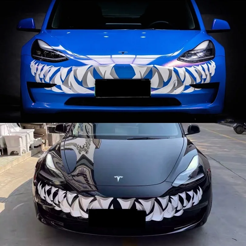 Creative Fiercely Big Mouth Shark Teeth Front Head Grill Decal Vinyl Graphics Film for Tesla Model 3 Y