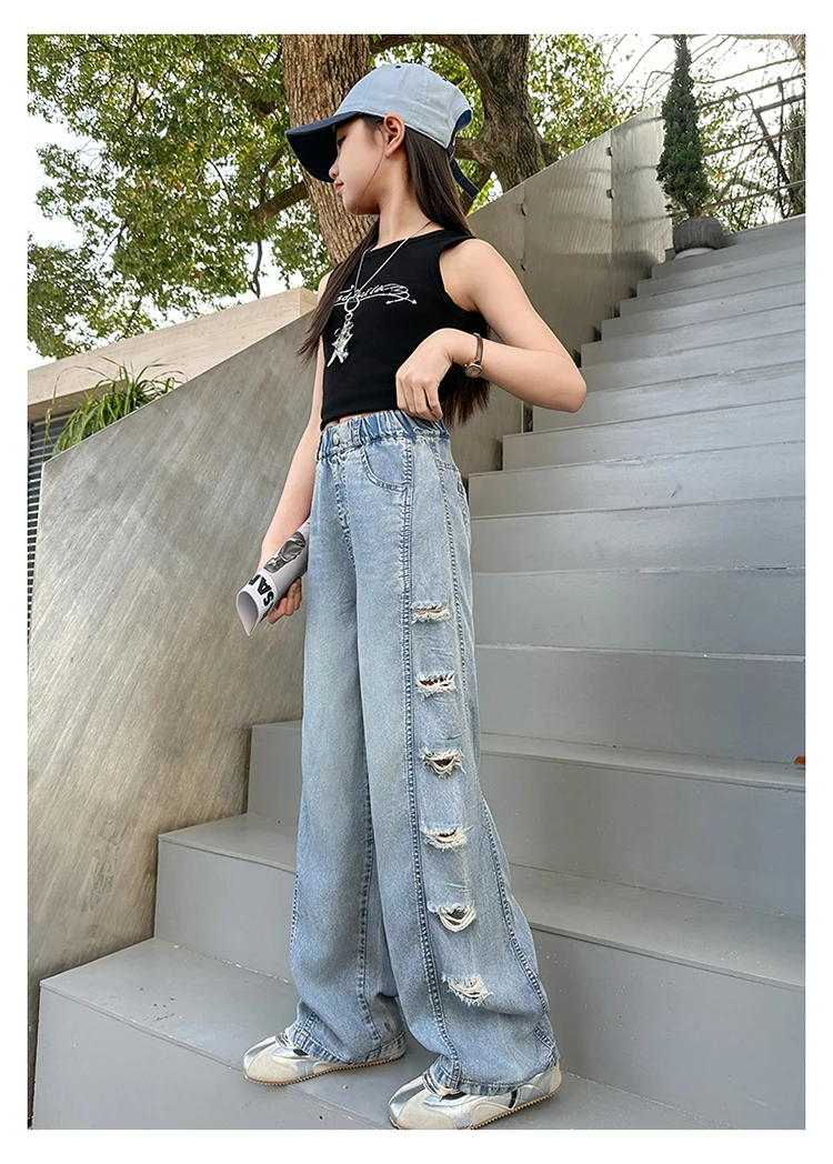 Jeans für Teenager-Mädchen mit seitlichen Löchern, lässige Mode, Sommer, Kinder, weites Bein, zerrissene Jeanshosen, Schulhosen aus Denim, 10-12 Jahre – Detail 10