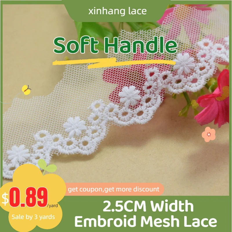 

3yards 2.5cm white lace cotton embroidery lace french lace ribbon fabric guipure diy trims warp knitting sewing Accessories#3687