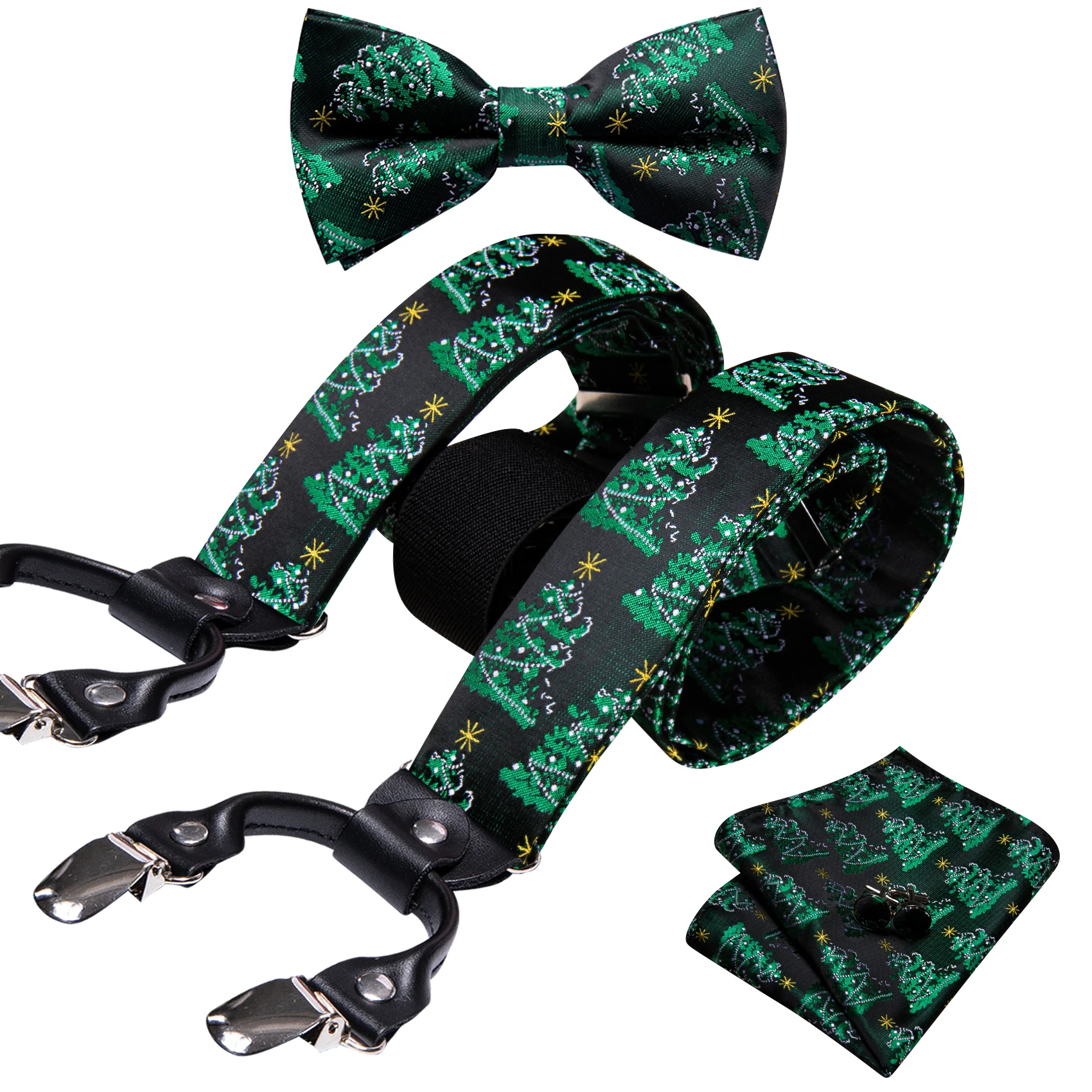 Fashion Green Christmas Silk Suspenders And Bowtie Handkerchief Cufflinks Sets Fashion Adjustable Gifts Party Barry.Wang 2060