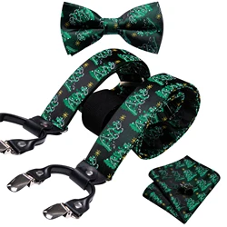 Fashion Green Christmas Silk Suspenders And Bowtie Handkerchief Cufflinks Sets Fashion Adjustable Gifts Party Barry.Wang 2060