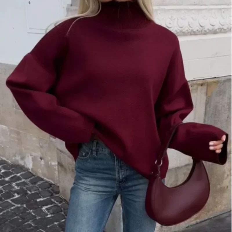 

Burgundy Red Casual Loose Turtleneck Pullover Women's Long Sleeve Sweater Female Autumn Winter Classic Knitwear Sweaters Women