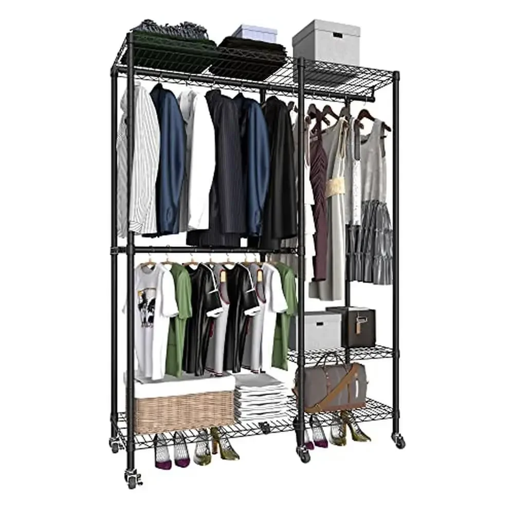 Heavy Duty Adjustable Rolling Clothes Rack with Lockable Wheels Portable Closet Organizer with Strong Bearing Capacity Heavy