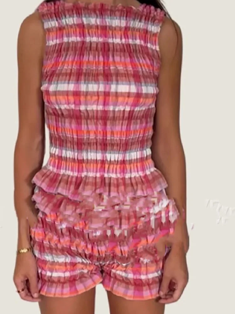 

Women's Fashion O-neck Sleeveless Top + Shorts Set Elegant Vacation Beach Suits Playful Sexy Plaid Print Slim Fit Two Piece Set