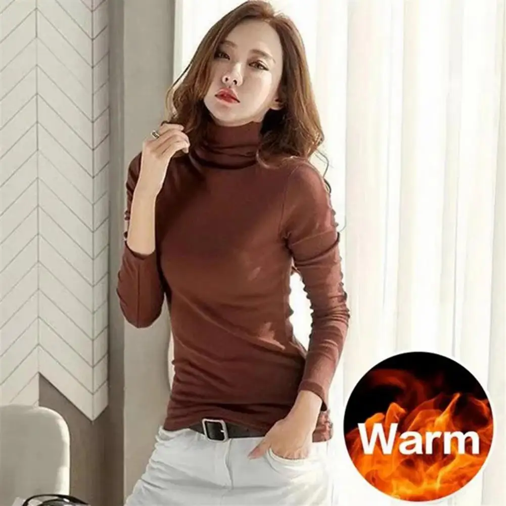 Women Base Top Fleece Blouse High Collar Pullover Long Sleeves Neck Elastic Thin Autumn Base Winter Bottoming Top