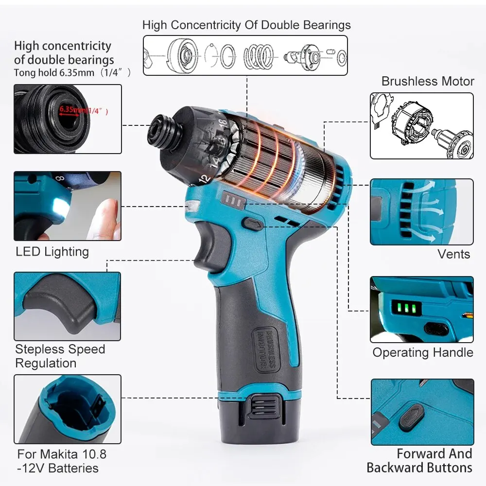 Hormy Brushless 18+1 Mini Electric Screwdriver 12V Screw Driver Cordless Drill Carpenter Tools For Makita 10.8V Lithium Battery