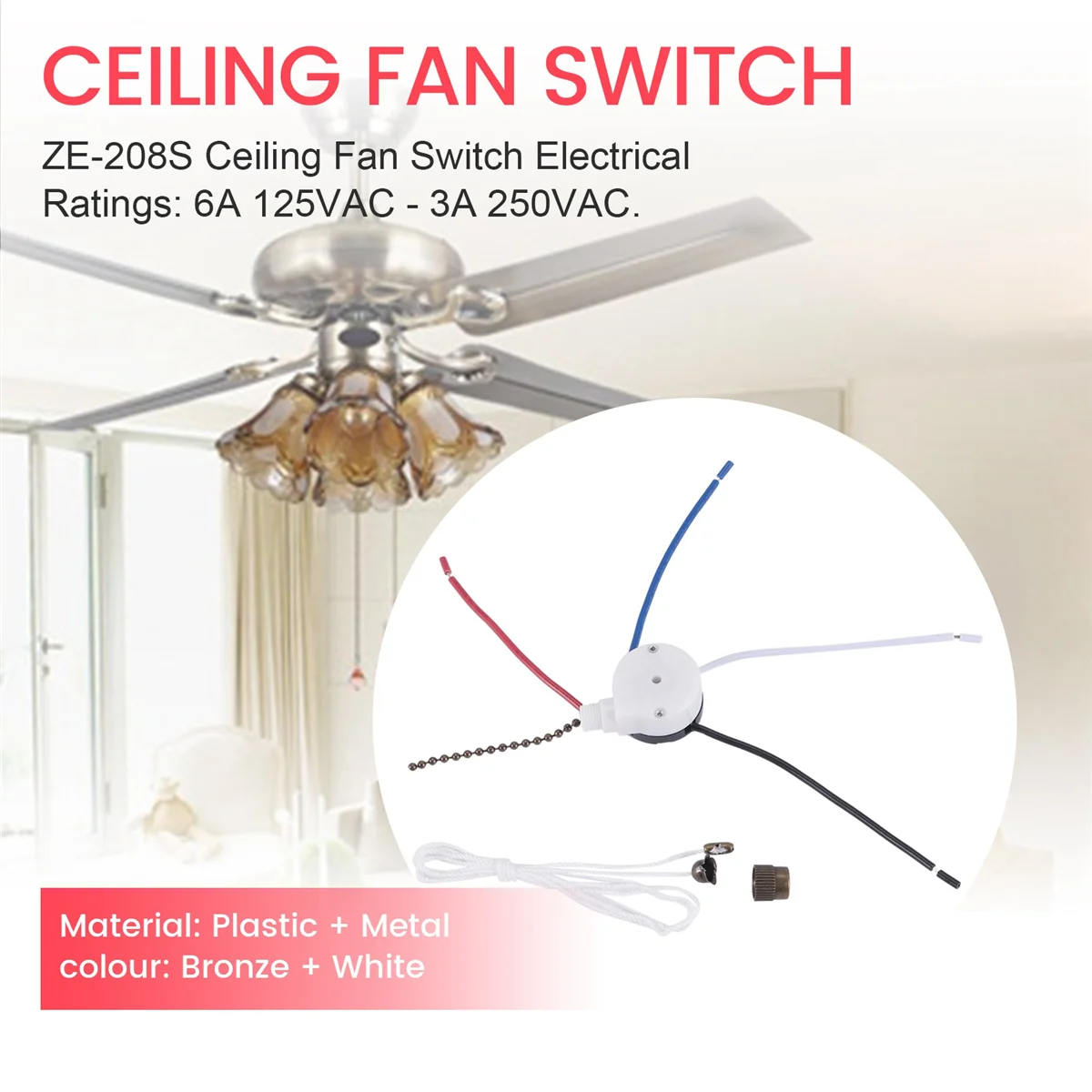 Ceiling Fan Switch Kit 3 Speed 4 Wire, Fan Switch Zipper Speed Control Switch, ZE-208S Pull Wire Switch with Rope BronzeJAS