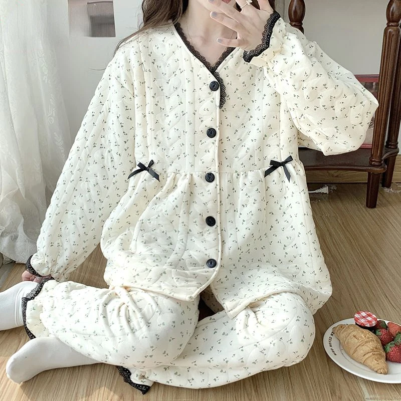 

Women Pajamas 2Piece Set 100% Cotton Maternity Nursing Set Long Sleeved Pants Cute Bear Print Pajamas Homewear Spring Autumn