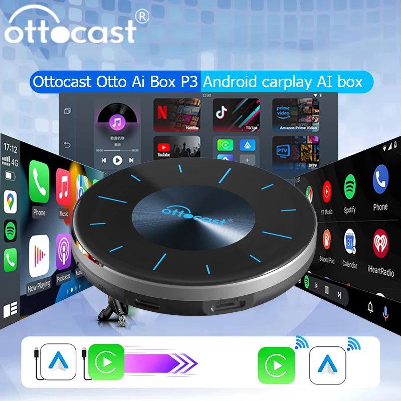 OTTOCAST P3 Otto Ai box CarPlay AI Box Wireless Android Auto Smart TV Box Car Accessories for Benz Audi Kia Hyundai VW Toyota