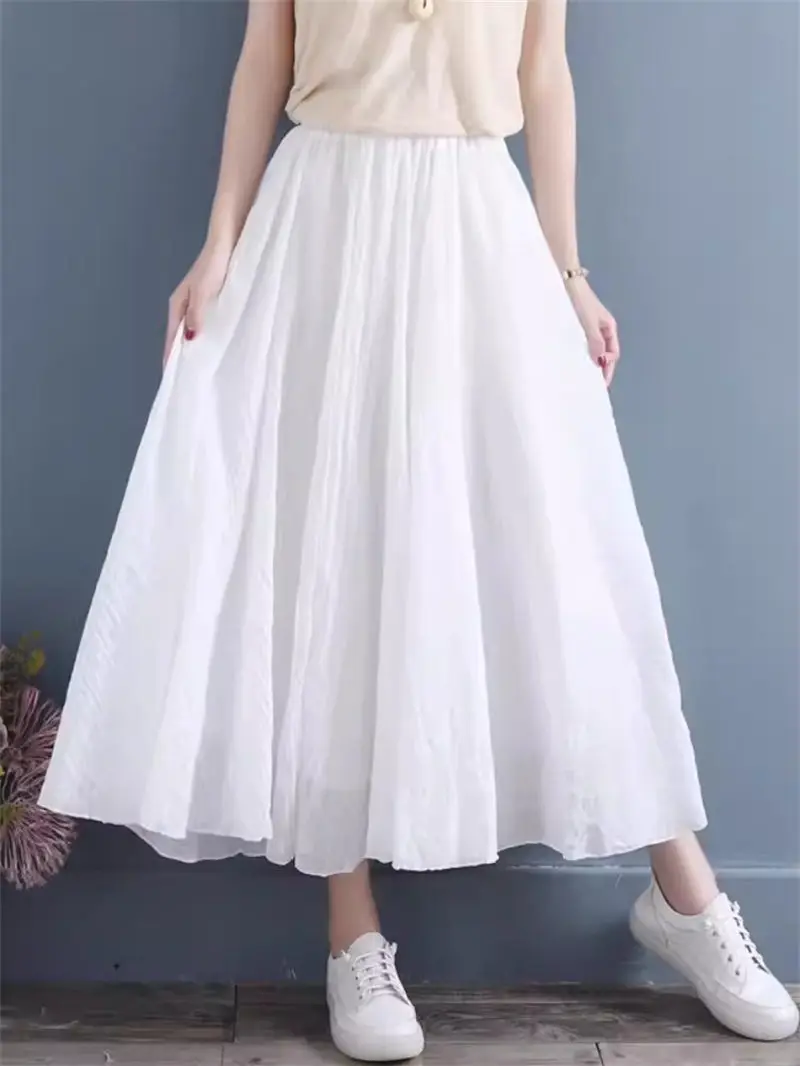 Literary Retro Elegant Oversized Cotton And Linen Skirt For Women Summer Fairy Light Thin Double Layered Midi A-Line Skirt k1725