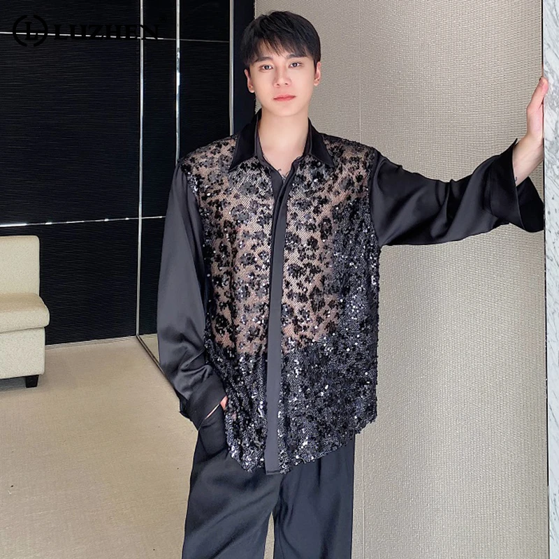 

LUZHEN Sequin Splicing Translucent Design Sexy Long Sleeved Shirts Autumn Original Men Personalized Trendy Street Clothes LZ3482