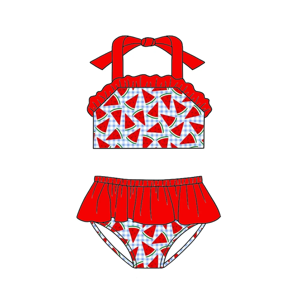 Boutique Girls Set swimsuit style Backless top paired with skirt and shorts milk silk fabric shell and watermelon print custom